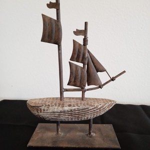 Nautical Distressed Wood and Metal Sailboat Ship Home Decor